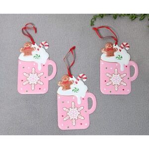 Christmas Cocoa‎ Gingerbread Cookie Mug Ornaments Snowflakes Metal Pink 3 Pc 5"